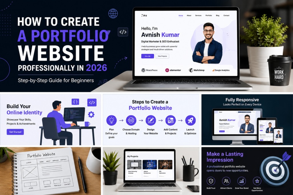 Professional portfolio website displayed on laptop and mobile devices, showcasing personal branding, digital marketing expertise, project portfolio, and responsive web design in 2026
