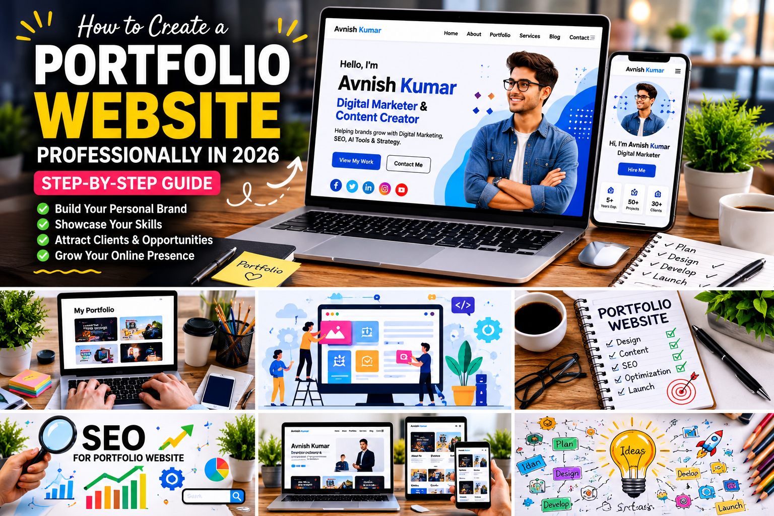 Professional portfolio website displayed on laptop and mobile devices, showcasing personal branding, digital marketing expertise, project portfolio, and responsive web design in 2026.